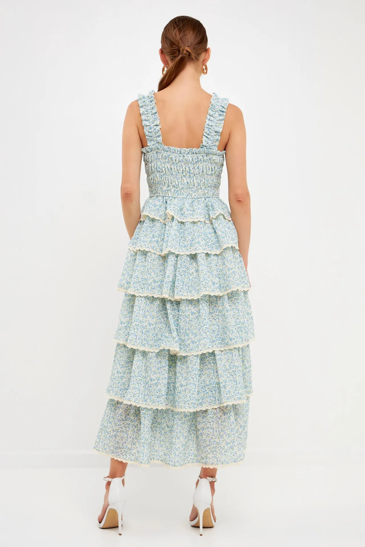 Gridded Texture Floral Smocked Tiered Maxi Dress