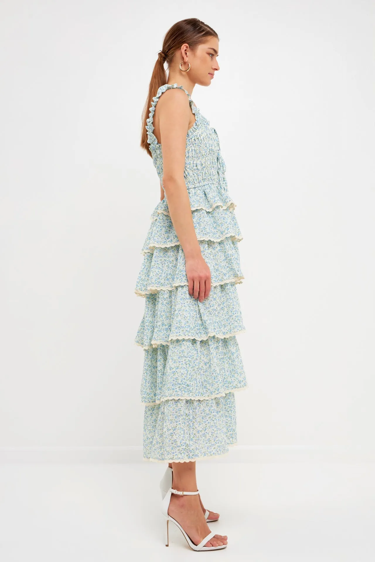 Gridded Texture Floral Smocked Tiered Maxi Dress
