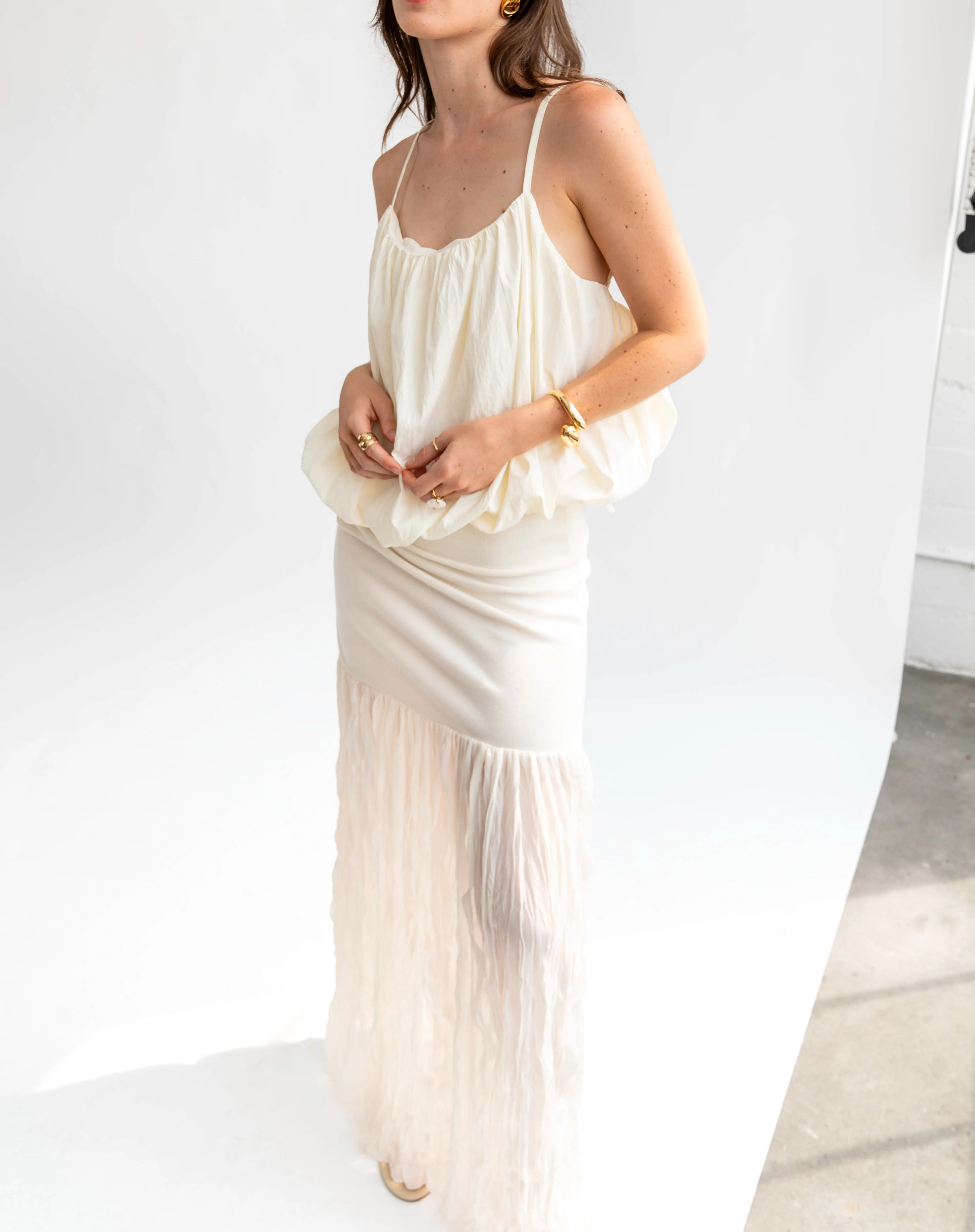 Harley Wrinkled Sheer Maxi Skirt, Ivory