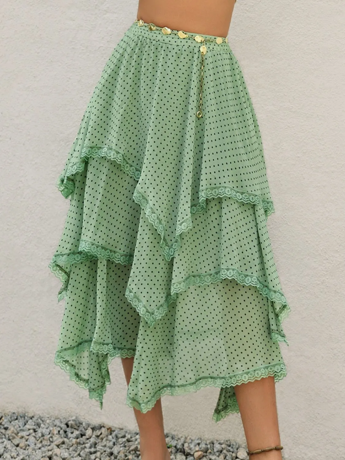 Lace Detail Layered Printed Midi Skirt