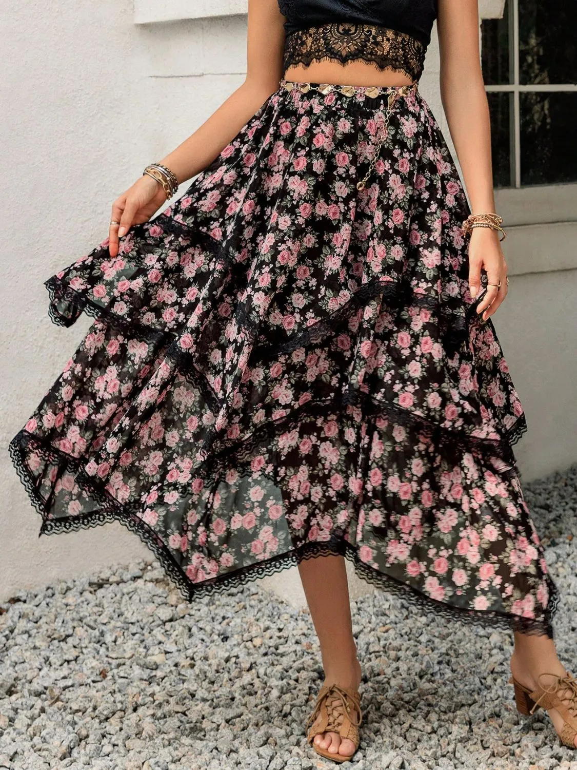 Lace Detail Layered Printed Midi Skirt