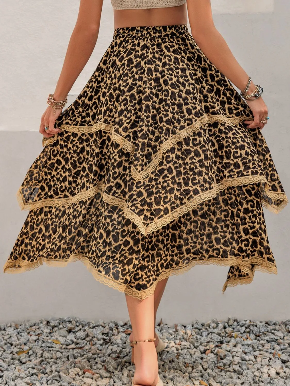 Lace Detail Layered Printed Midi Skirt