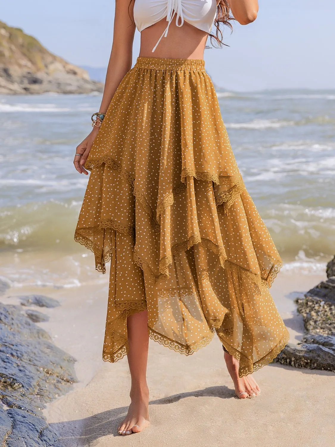 Lace Detail Layered Printed Midi Skirt