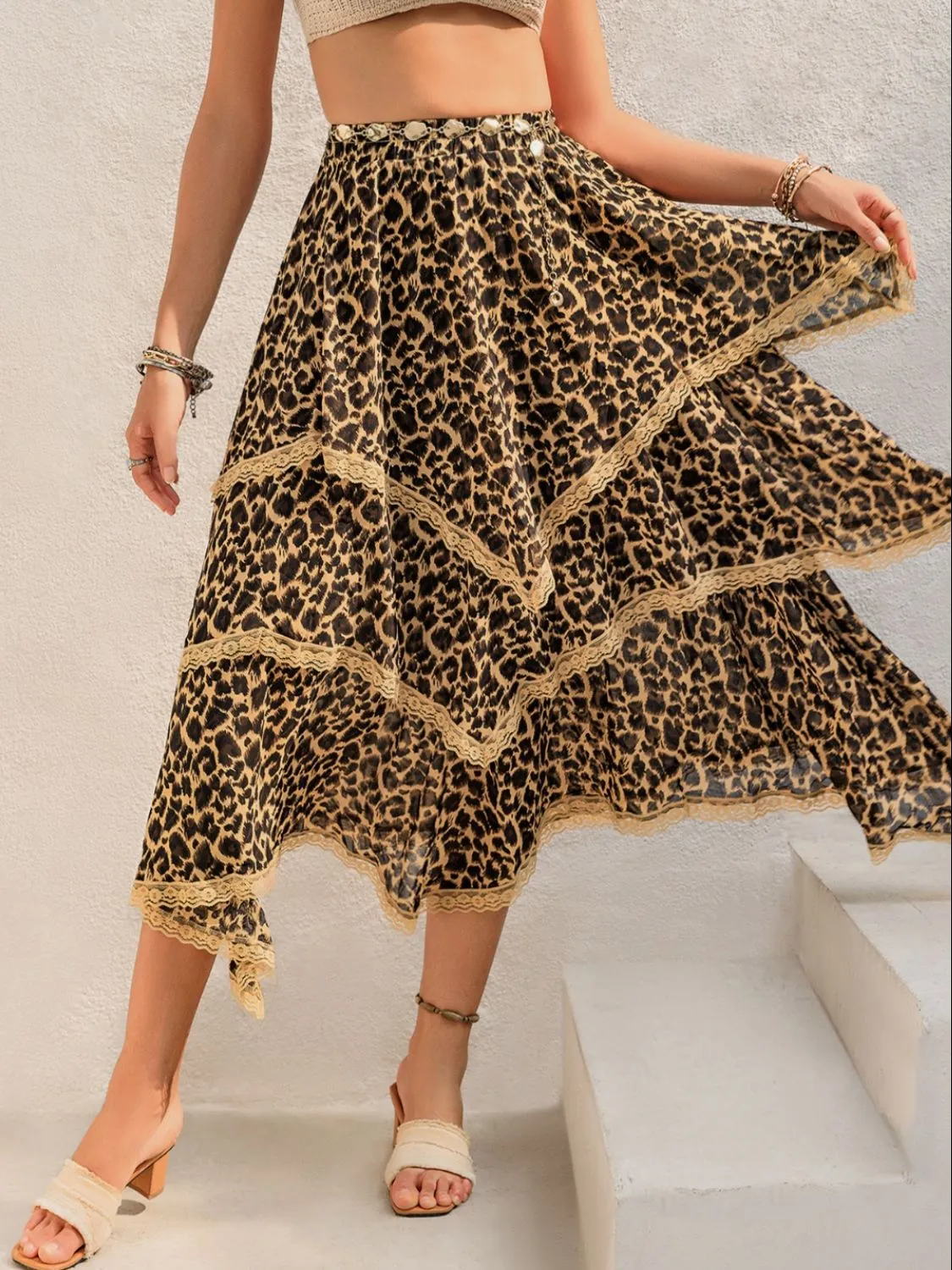 Lace Detail Layered Printed Midi Skirt