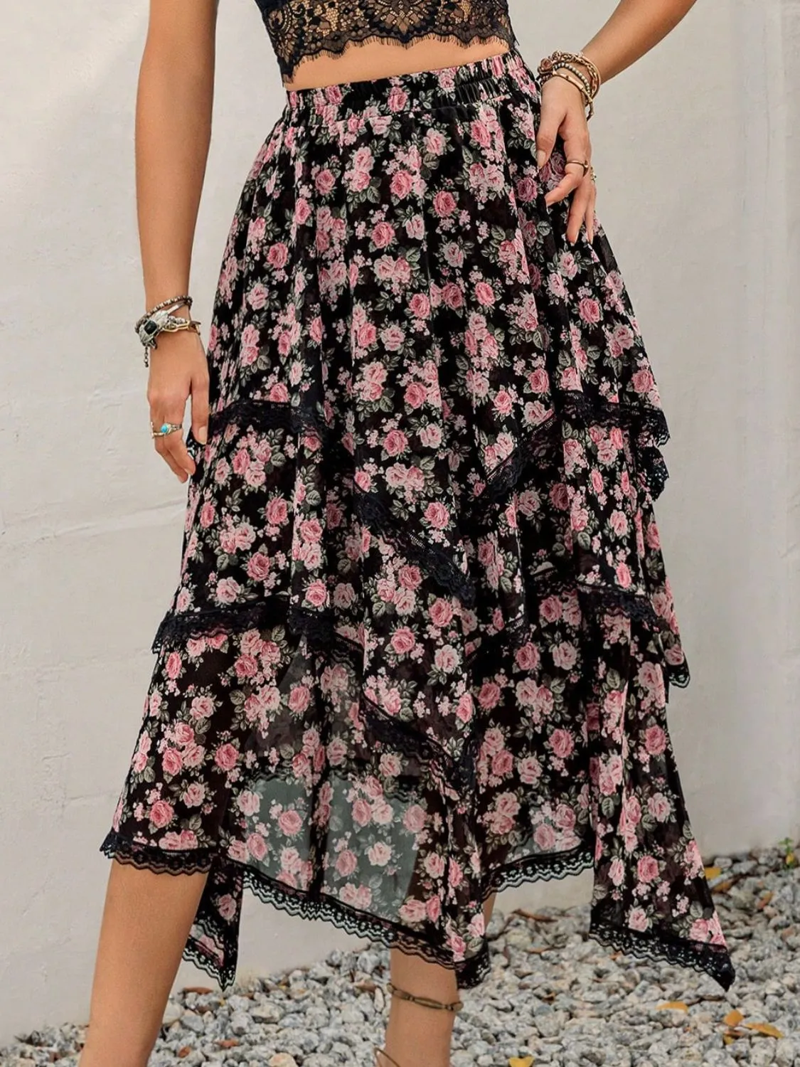Lace Detail Layered Printed Midi Skirt