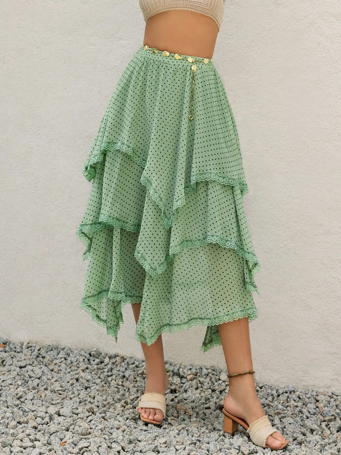 Lace Detail Layered Printed Midi Skirt