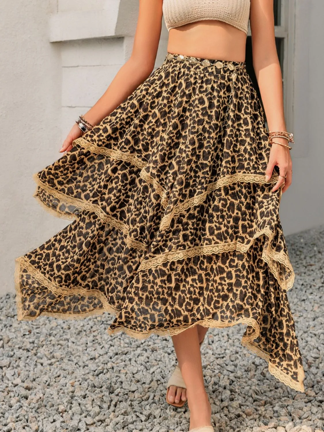 Lace Detail Layered Printed Midi Skirt
