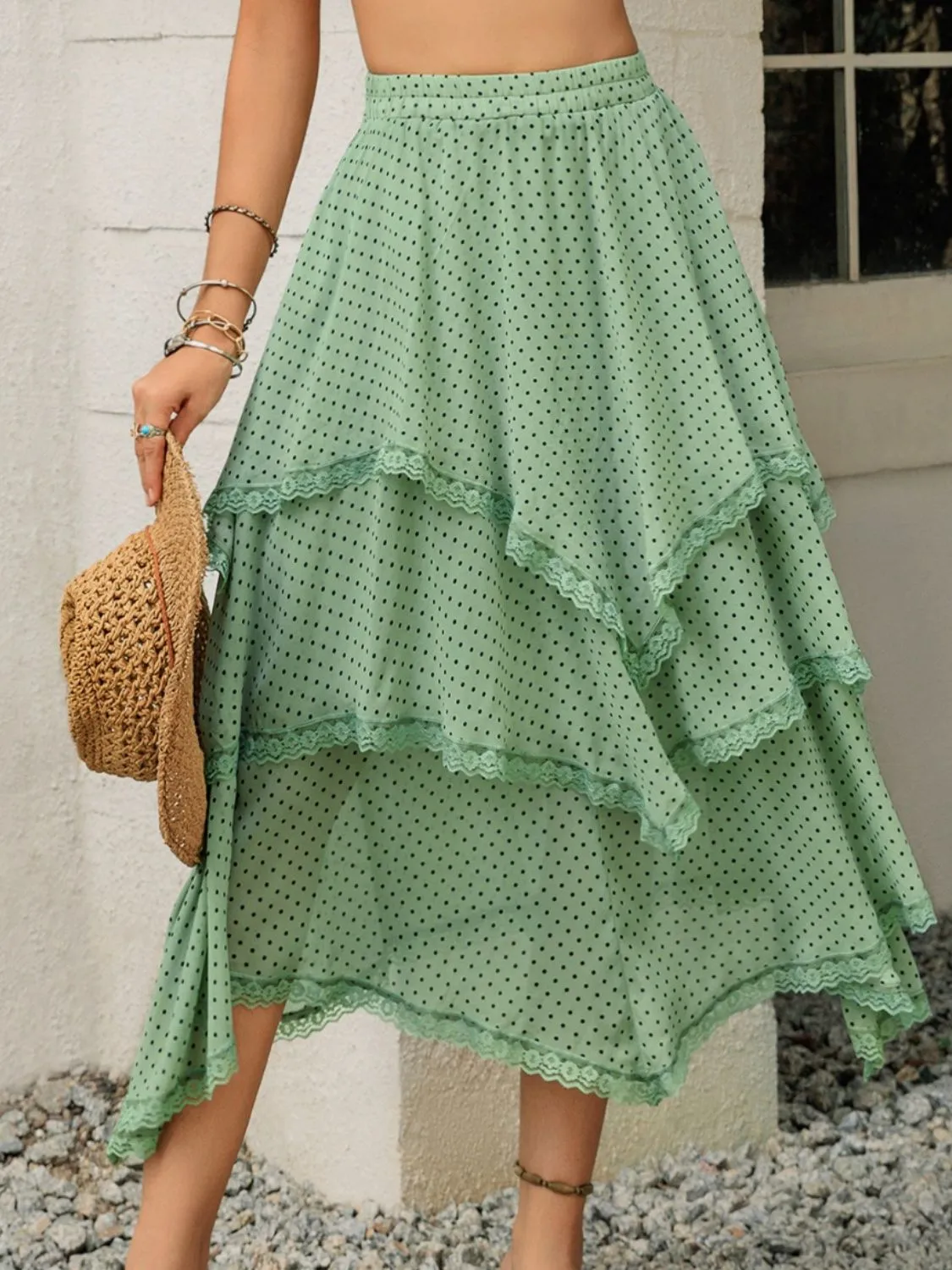Lace Detail Layered Printed Midi Skirt