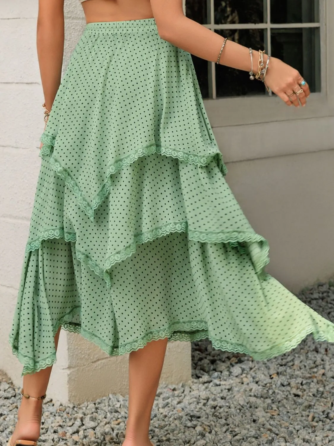 Lace Detail Layered Printed Midi Skirt