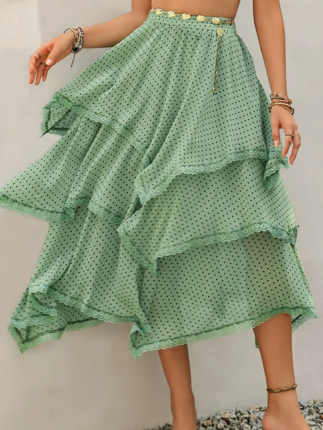 Lace Detail Layered Printed Midi Skirt