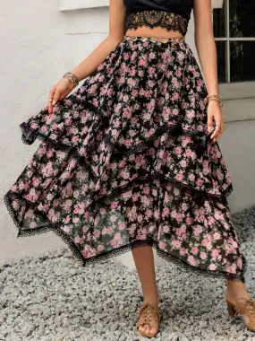 Lace Detail Layered Printed Midi Skirt