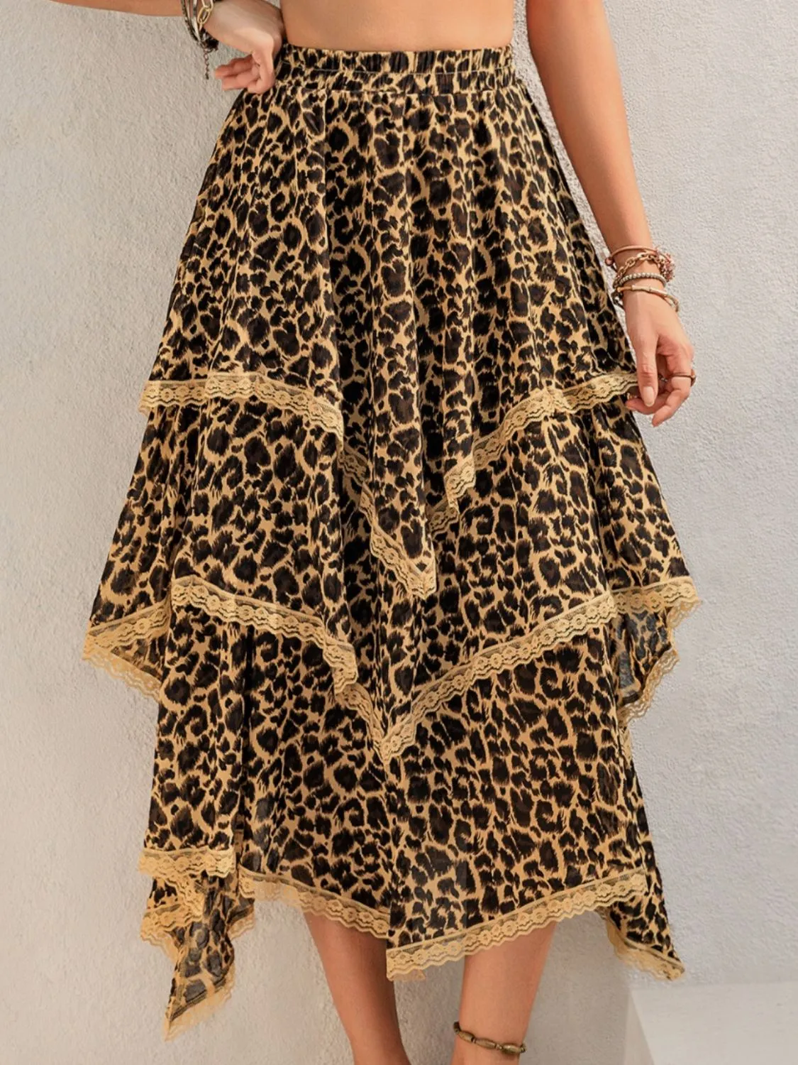 Lace Detail Layered Printed Midi Skirt