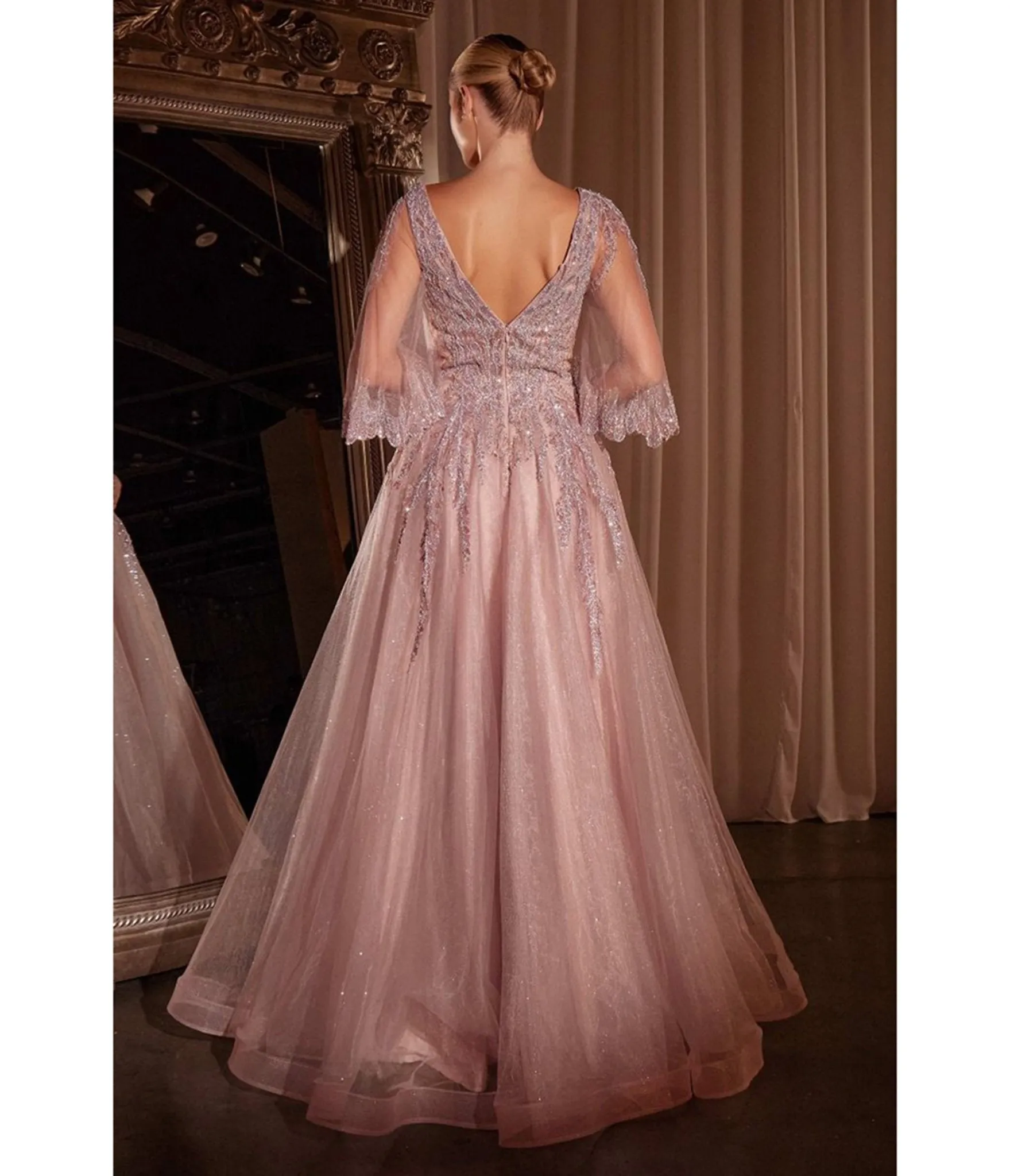 Ladivine By Cinderella Divine Mauve Applique Bell Sleeve A-line Prom Dress