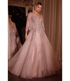 Ladivine By Cinderella Divine Mauve Applique Bell Sleeve A-line Prom Dress