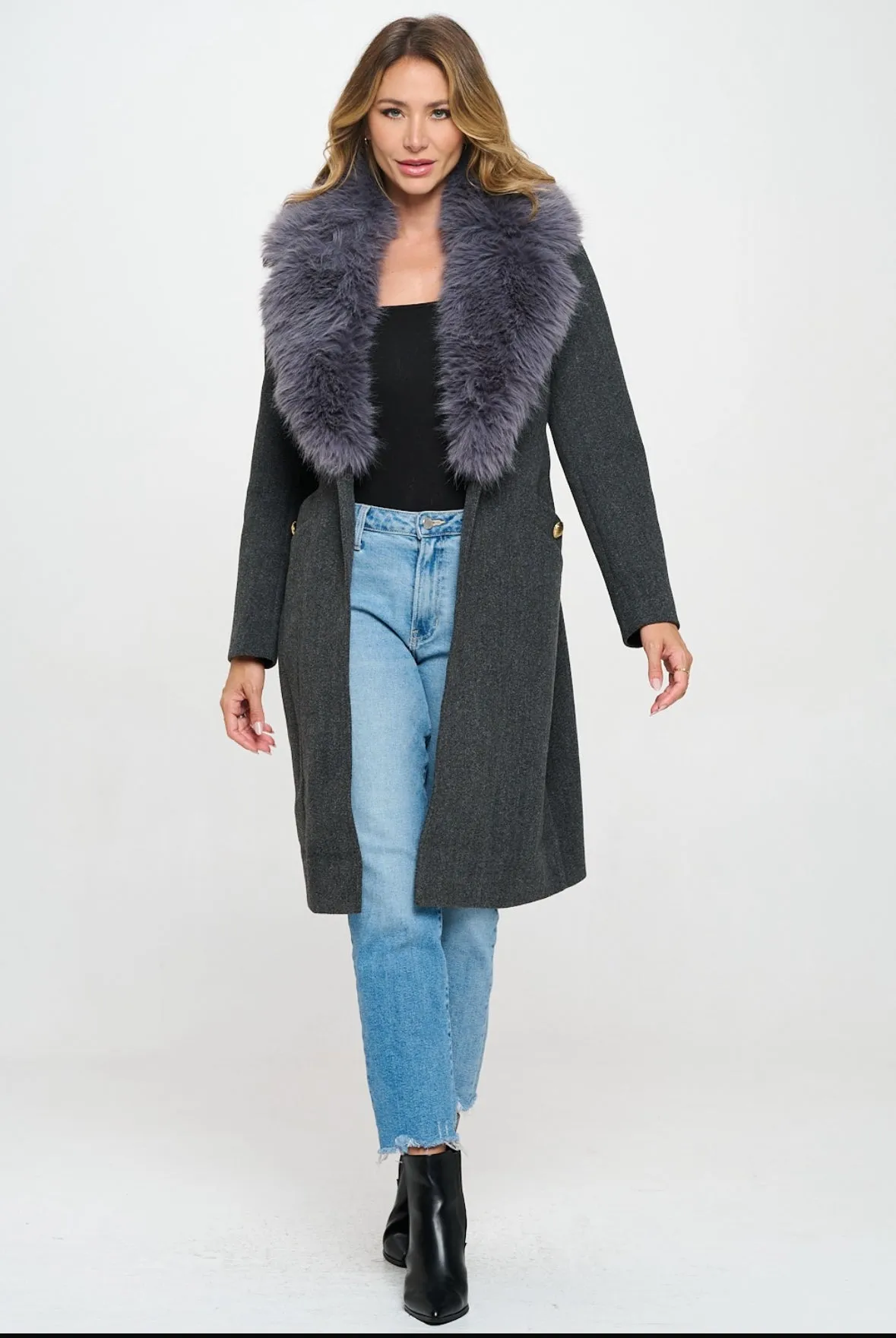Luna Belted Vegan Wool Coat with Removable Fur Cuffs and Collar