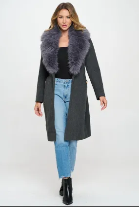 Luna Belted Vegan Wool Coat with Removable Fur Cuffs and Collar