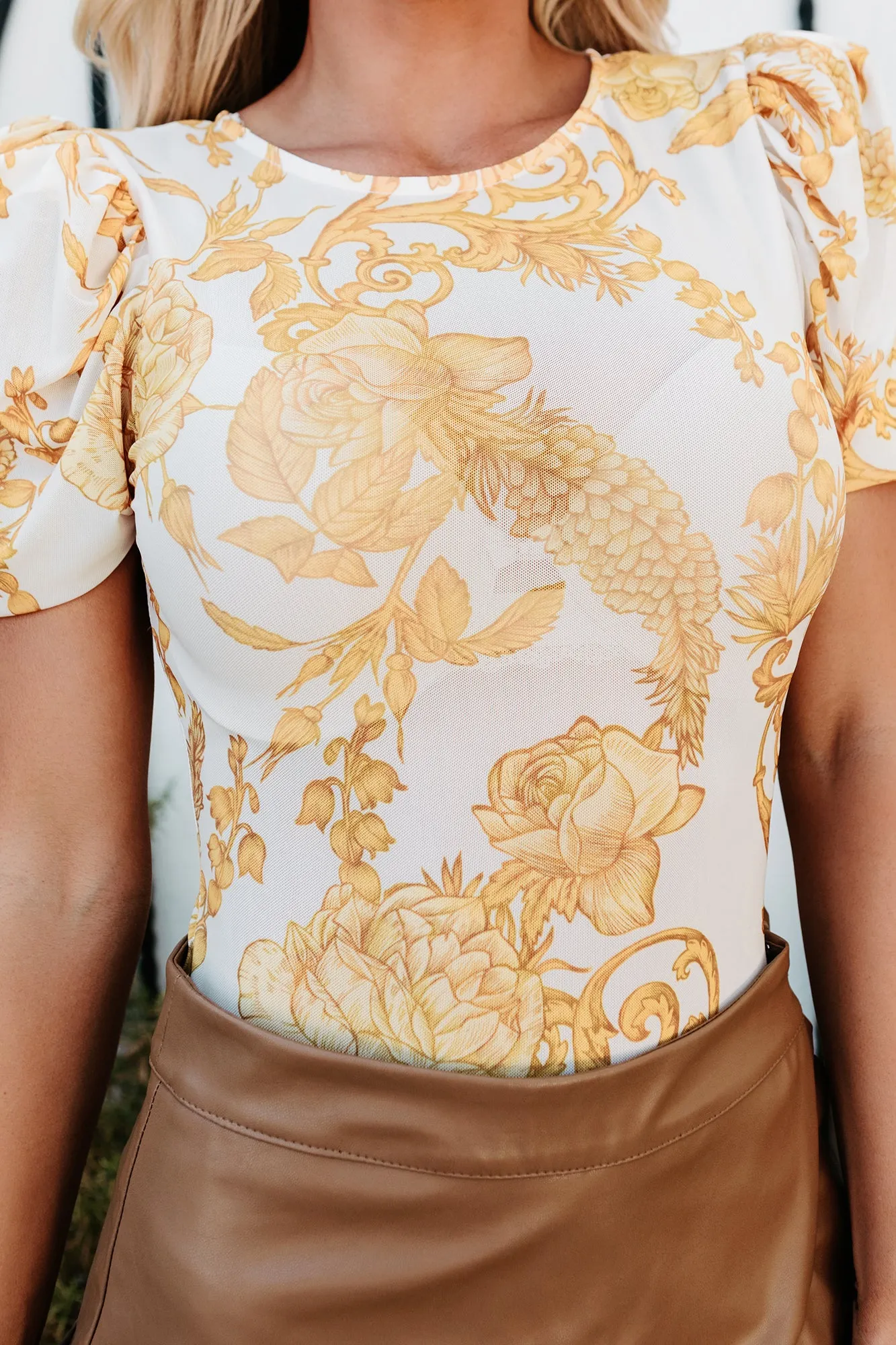 Luxurious Life Puff Sleeve Printed Mesh Bodysuit (Cream)