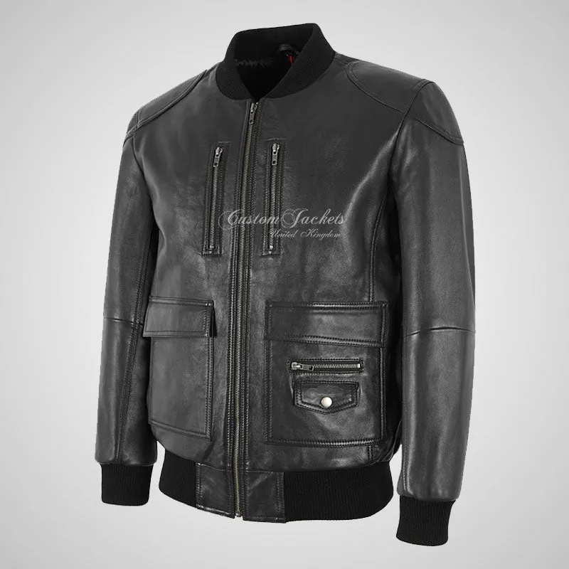 MACON Men's Leather Bomber Jacket Black Soft Lamb Leather