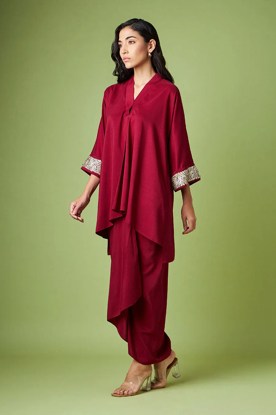 Maroon Embellished Tunic & Drape Skirt Set