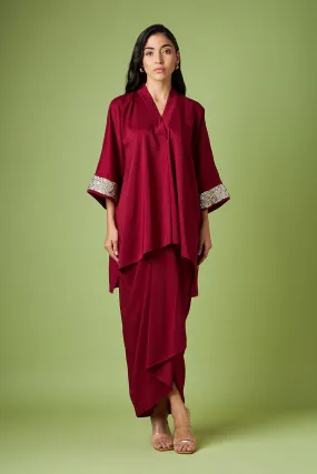 Maroon Embellished Tunic & Drape Skirt Set