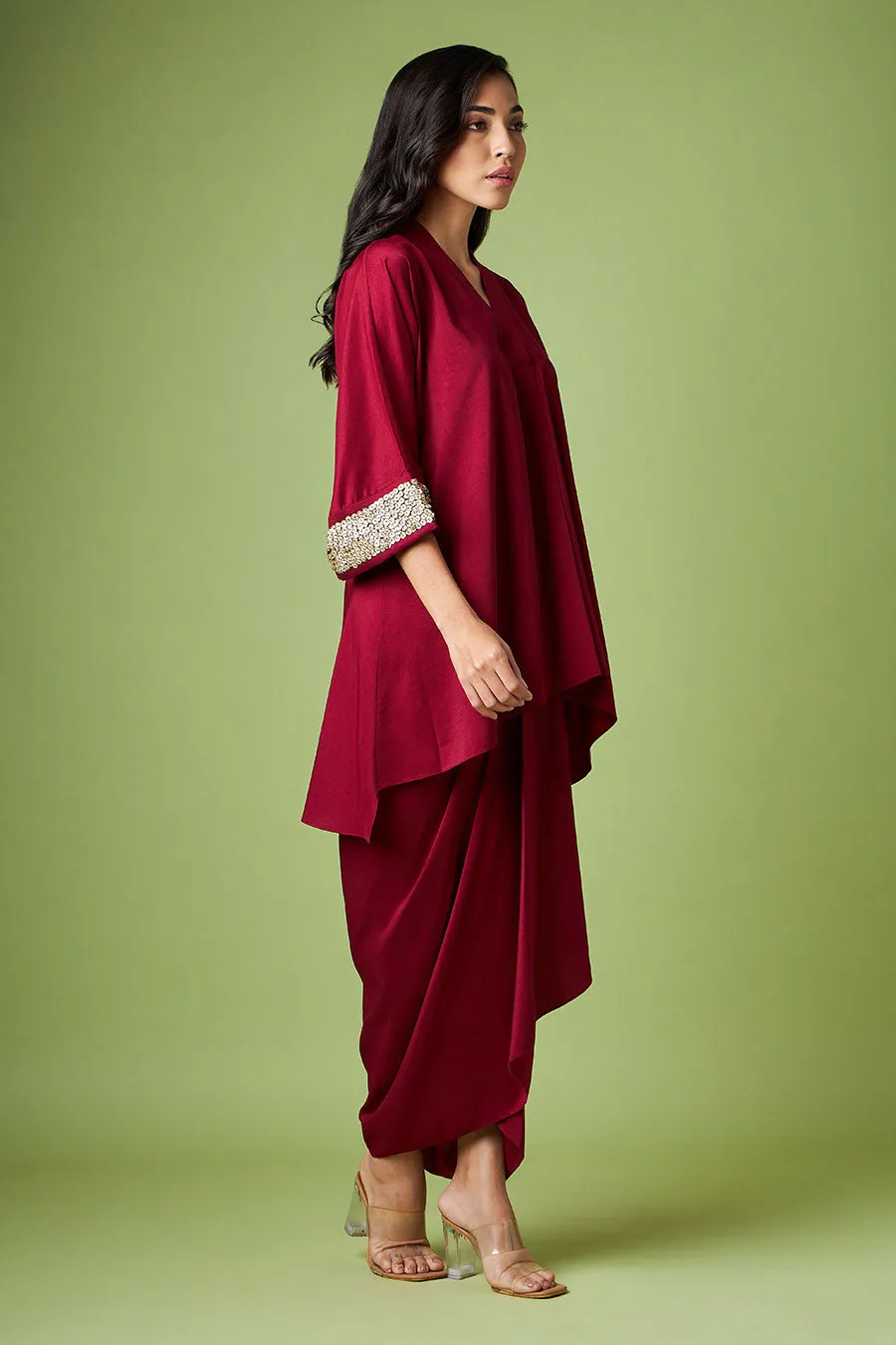 Maroon Embellished Tunic & Drape Skirt Set
