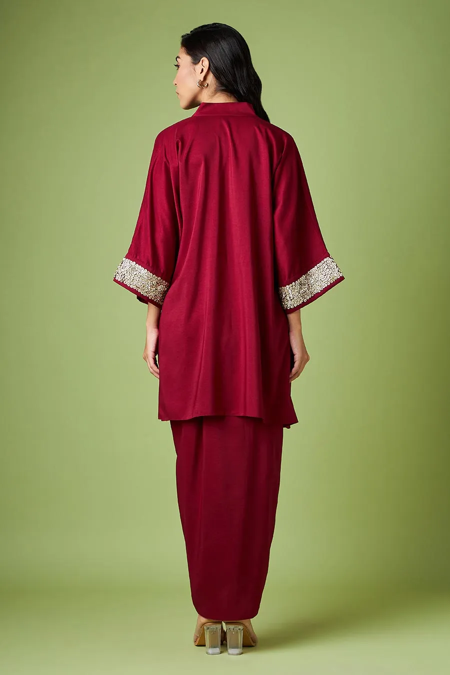 Maroon Embellished Tunic & Drape Skirt Set