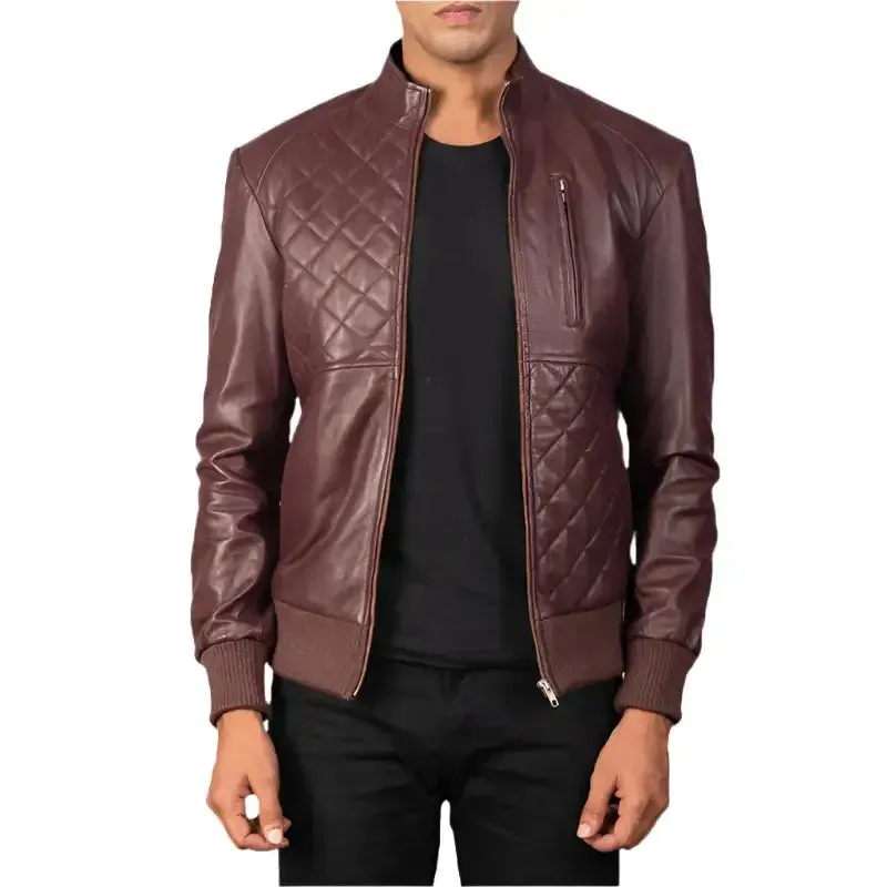 Maroon Genuine Leather Bomber Jacket for Men – Stylish & Classic
