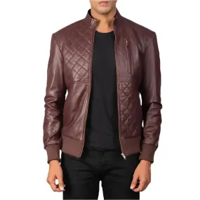 Maroon Genuine Leather Bomber Jacket for Men – Stylish & Classic