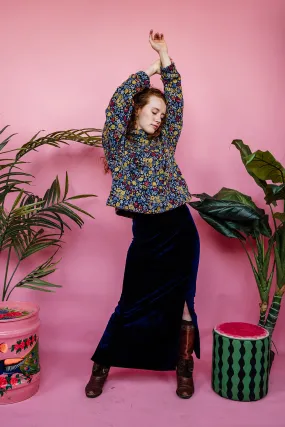 Maxi Velvet Side Split Skirt in Midnight