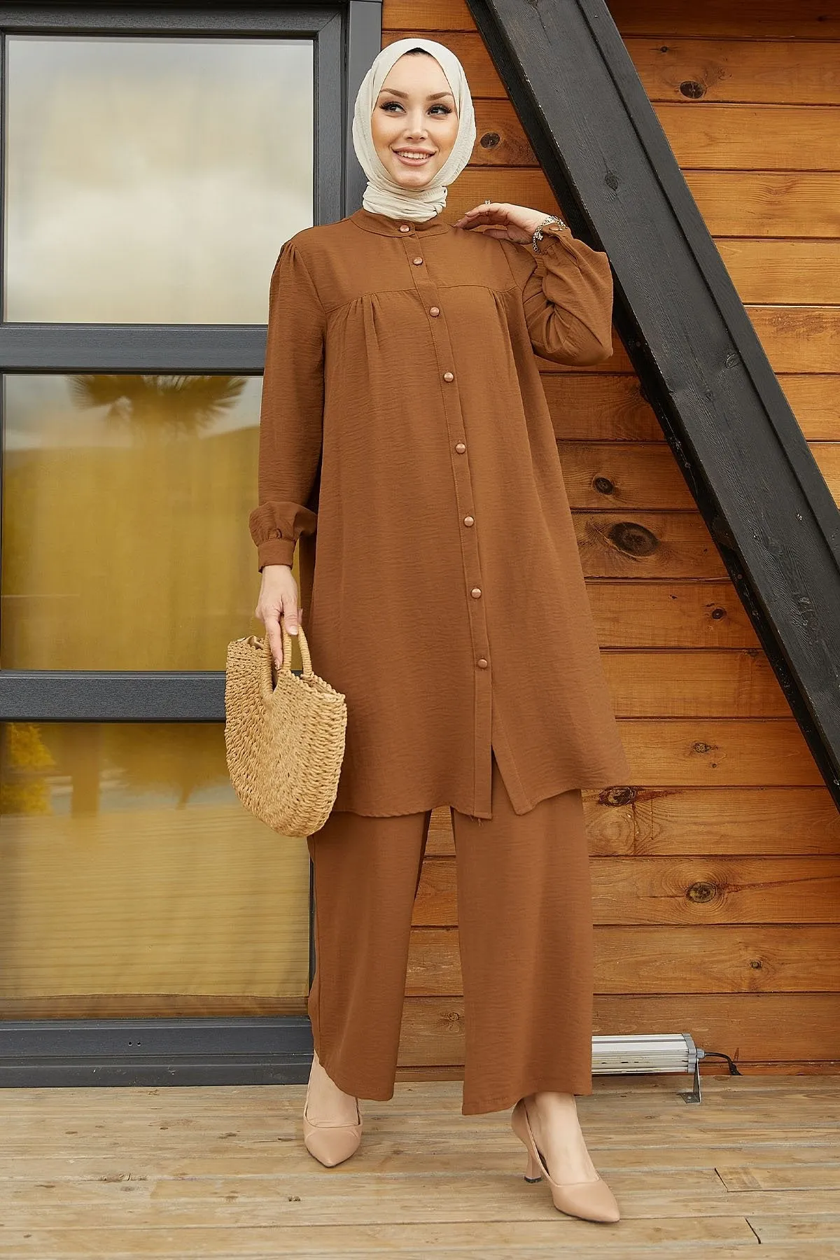 MDS Women Arfa Ayrobin Buttoned Casual Suit - Tan - Sunnyvale