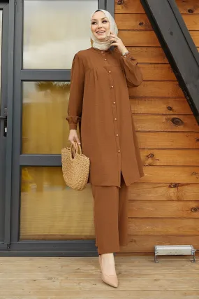 MDS Women Arfa Ayrobin Buttoned Casual Suit - Tan - Sunnyvale