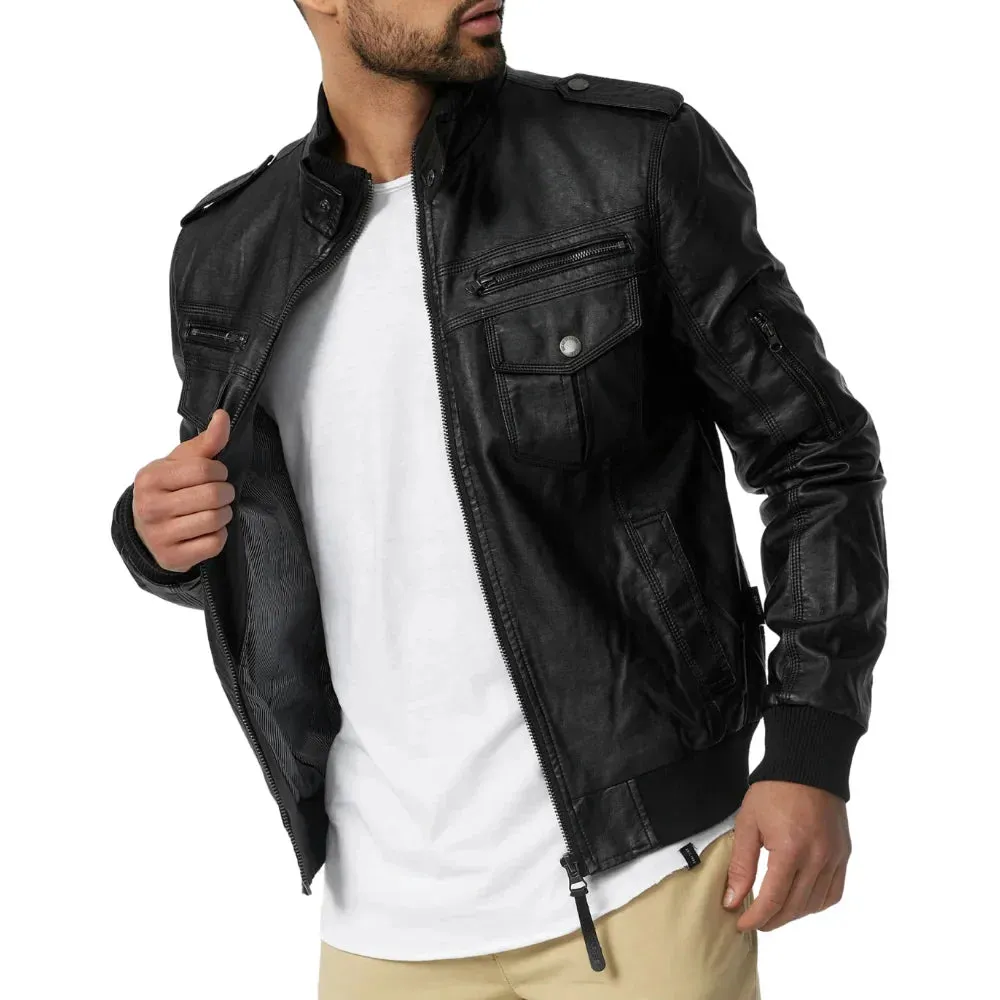 Men's Versatile Black Trucker Leather Bomber Jacket