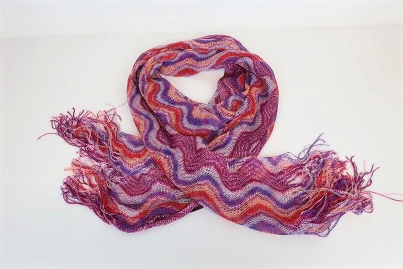 Missoni Fringe Scarf Purple/Multicolor Viscose Wave Knit NEW