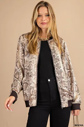 Mocha Snake Print Bomber Jacket