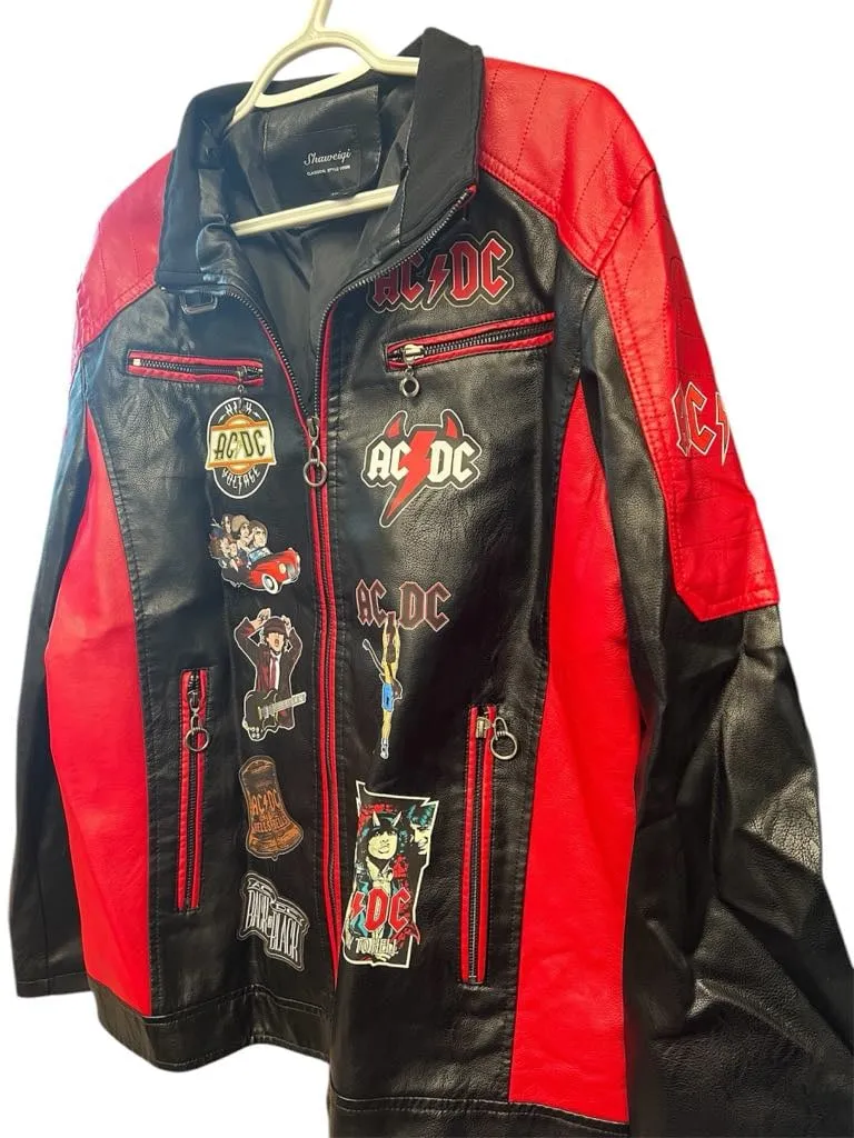 NEW Rock Band AC/DC Premium Leather Bomber Jacket Full Zip Graphics Front & Back, Sz XL, Retails $165