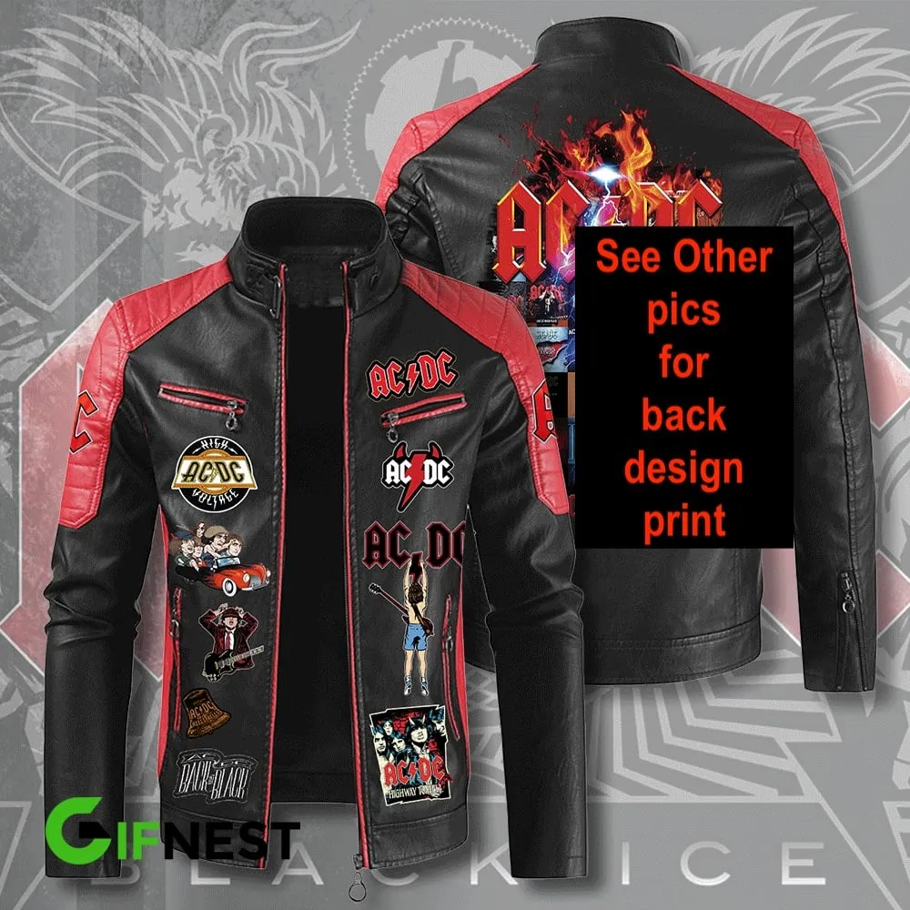 NEW Rock Band AC/DC Premium Leather Bomber Jacket Full Zip Graphics Front & Back, Sz XL, Retails $165