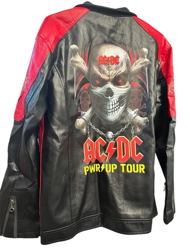 NEW Rock Band AC/DC Premium Leather Bomber Jacket Full Zip Graphics Front & Back, Sz XL, Retails $165