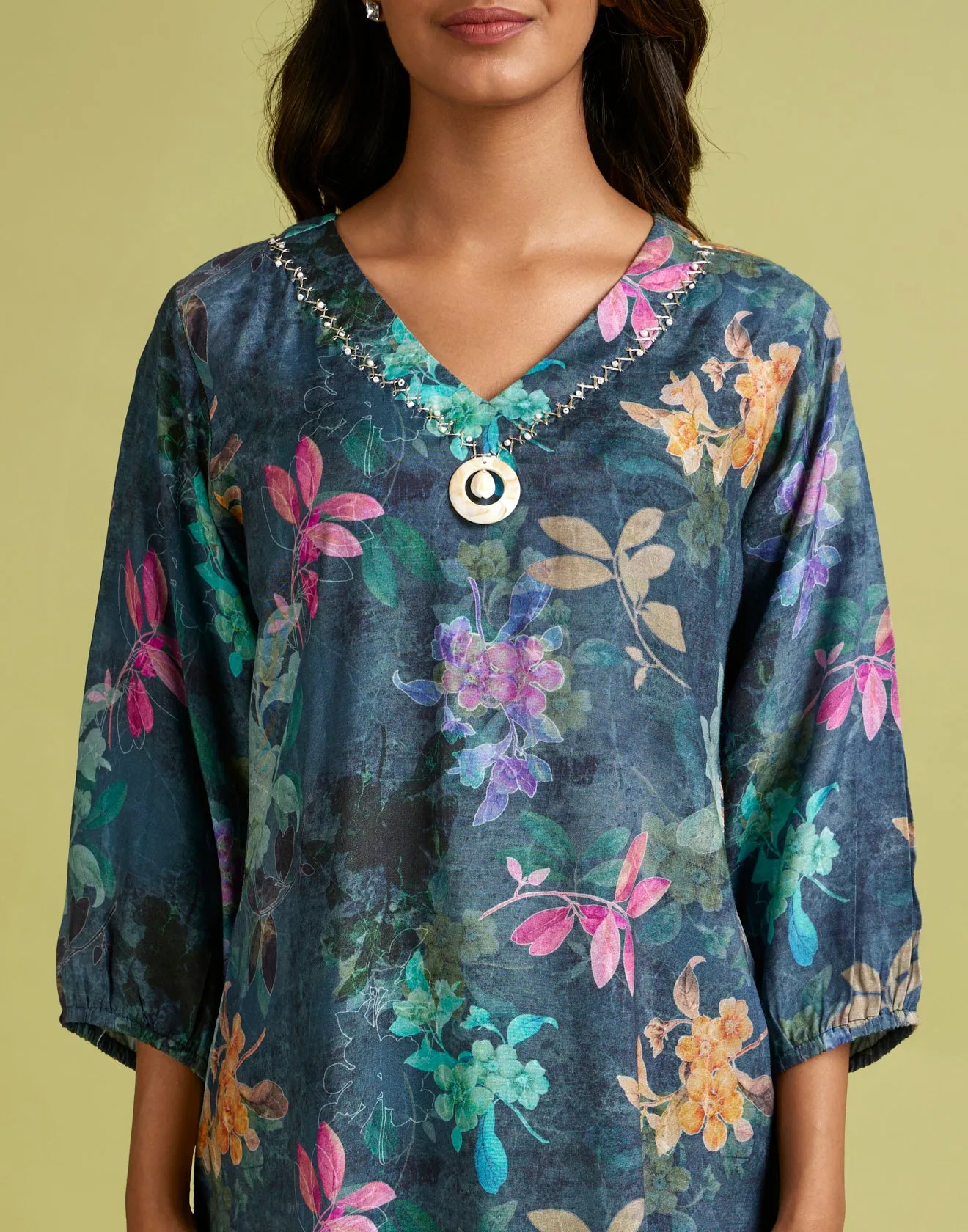Ocean Green Floral Printed Crepe Tunic Top