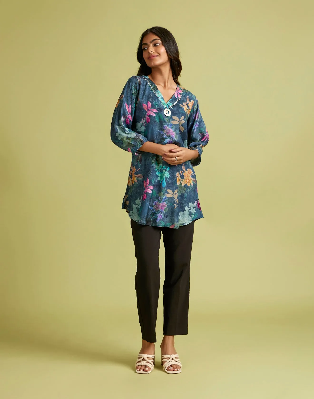 Ocean Green Floral Printed Crepe Tunic Top