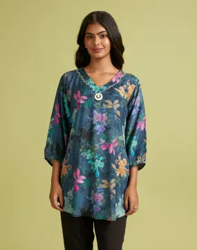 Ocean Green Floral Printed Crepe Tunic Top