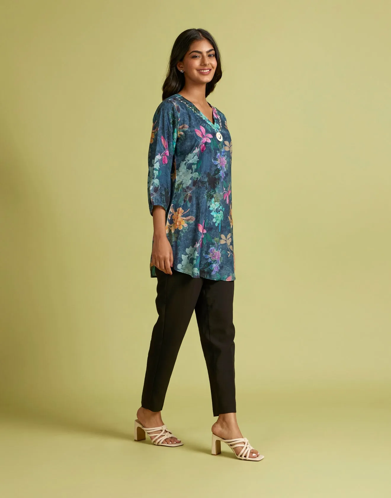 Ocean Green Floral Printed Crepe Tunic Top