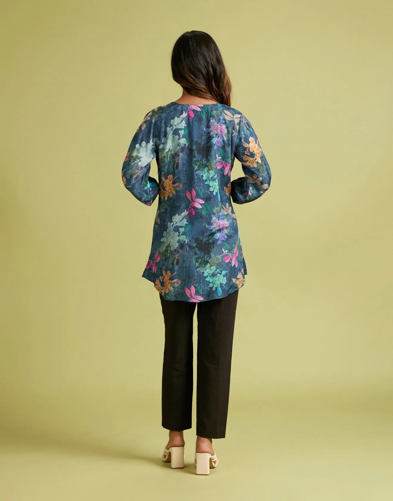 Ocean Green Floral Printed Crepe Tunic Top