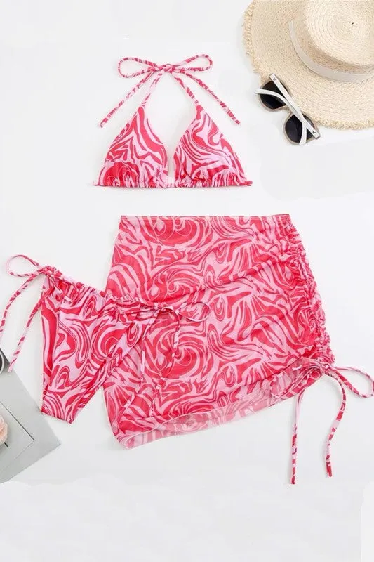 Oista Women Bikini With Mesh Ruched Skirt Three Piece Swimwear Sets