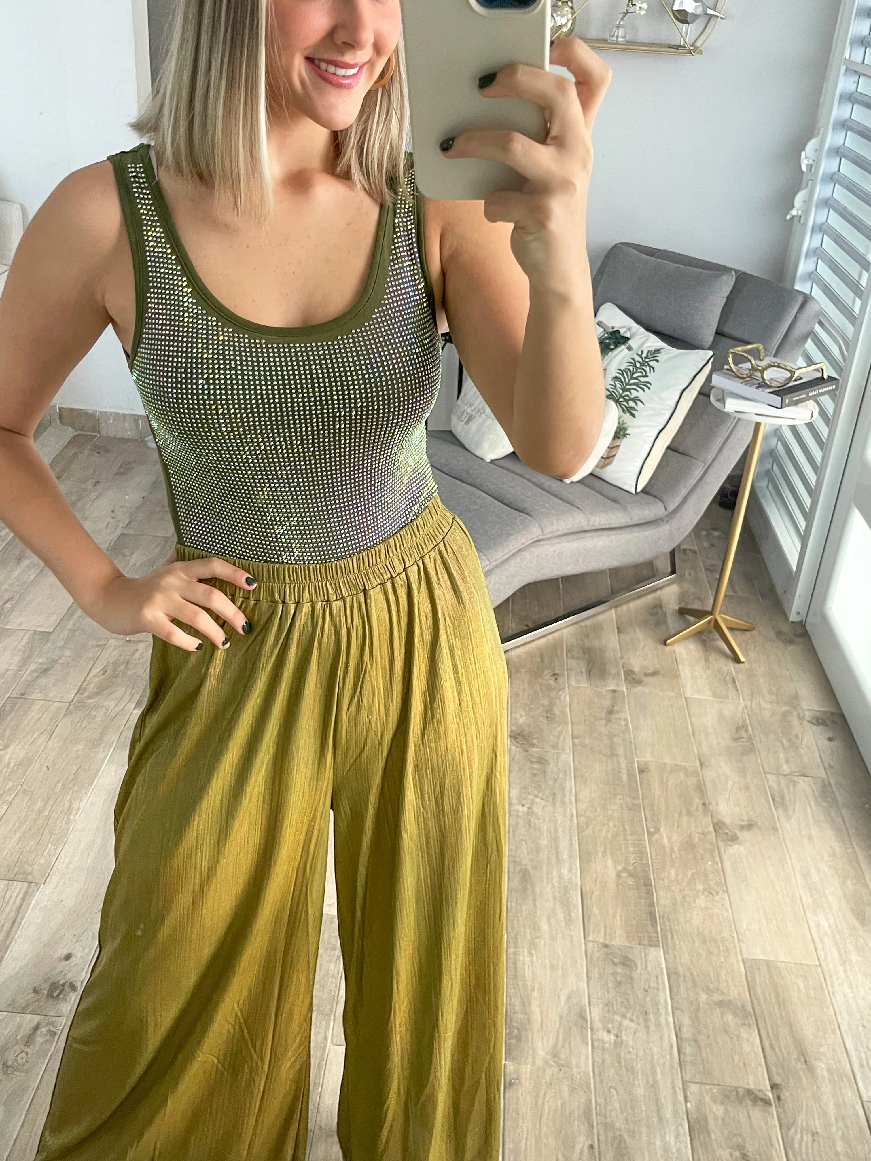 OLIVE RHINESTONES BODYSUIT