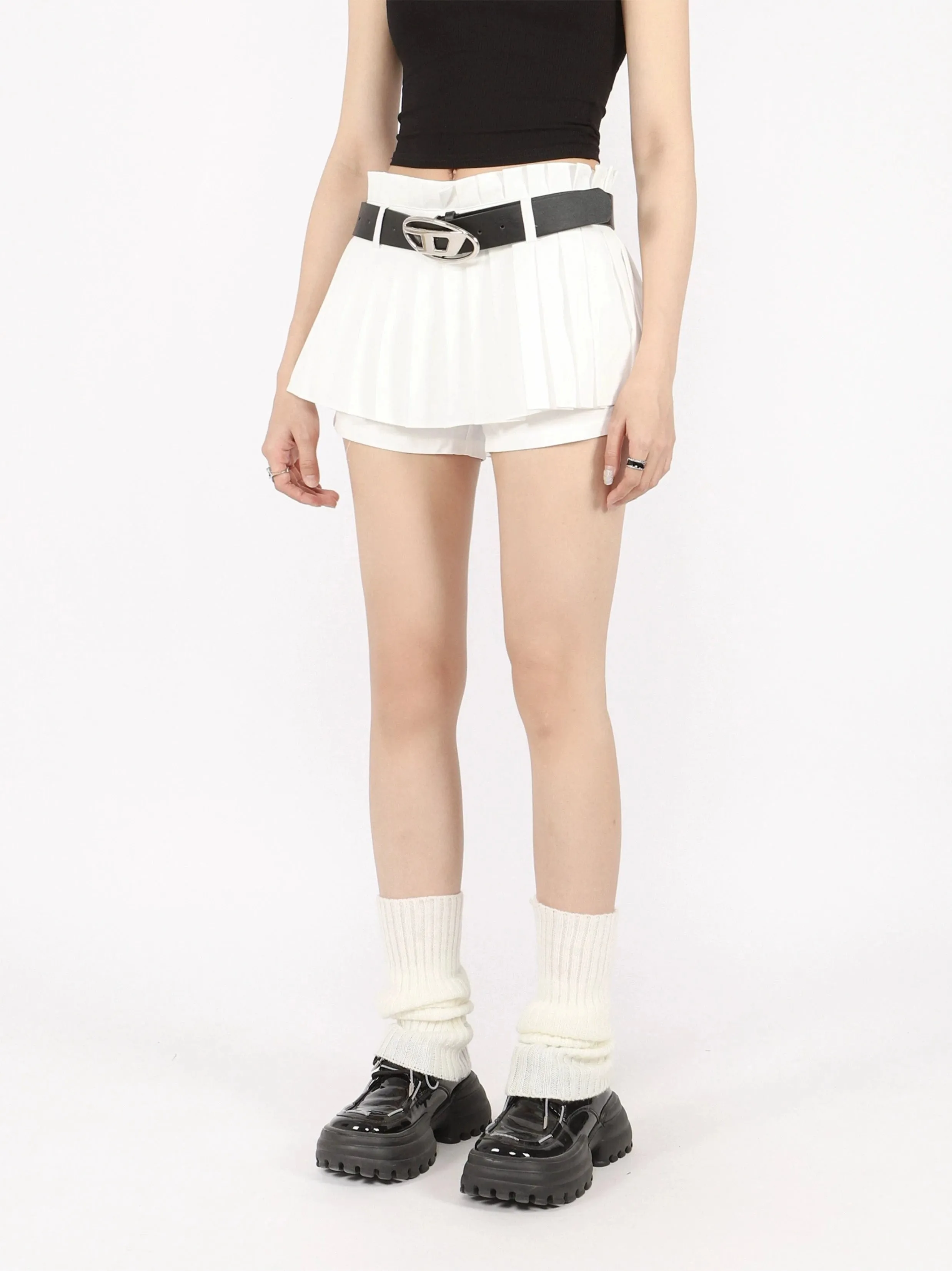 Pleated Flare Mini Layered Skort Skirt