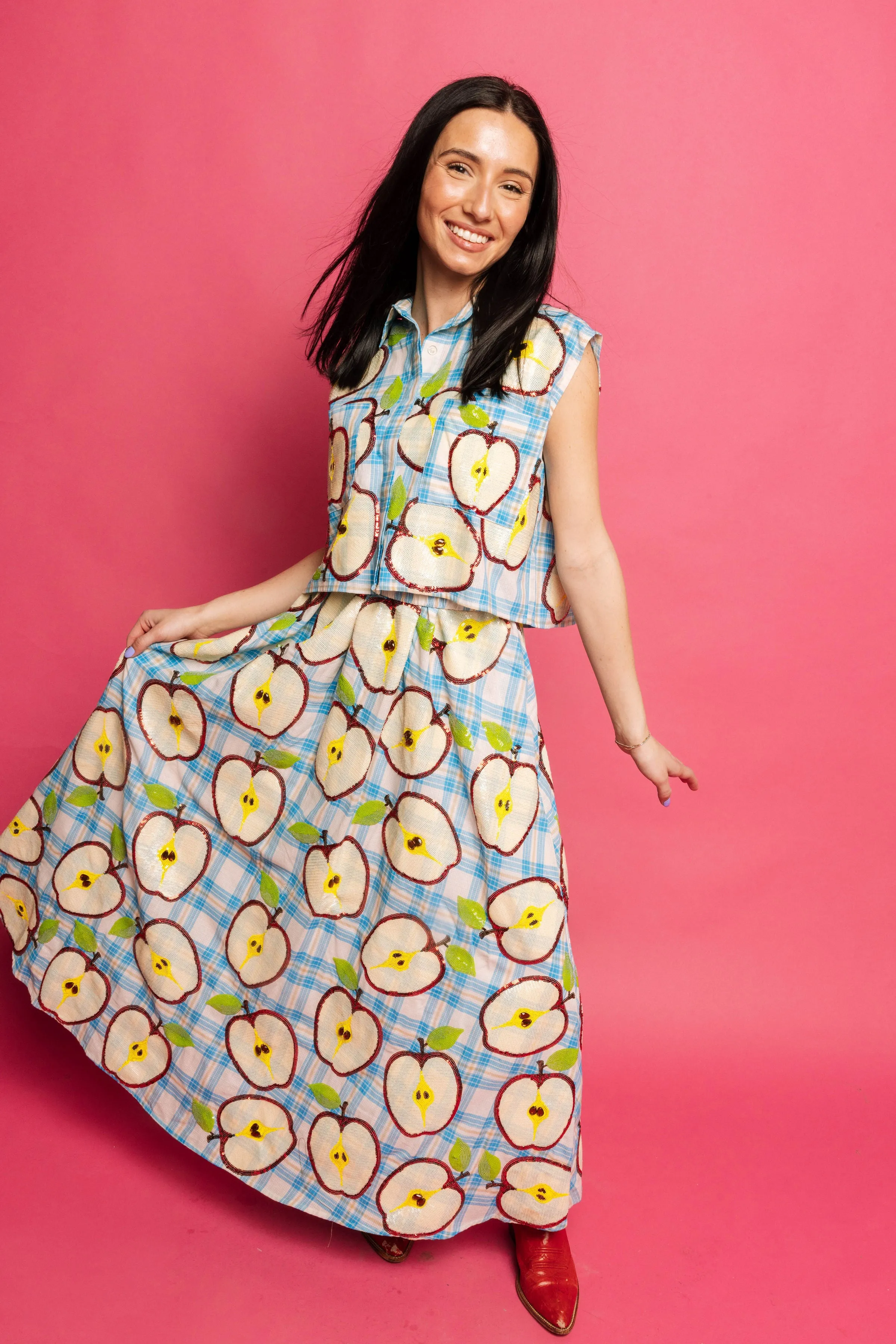 Queen of Sparkles Blue Plaid Apple Slice Button Up Tank