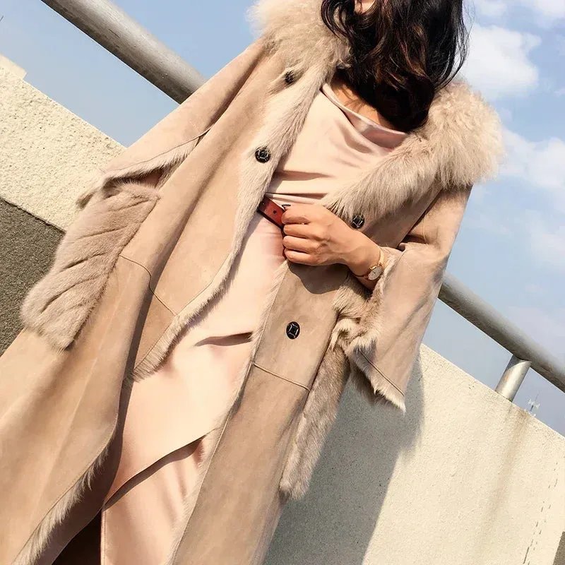 Real Sheepskin Coat Vintage Elegant Female Jacket Mink Fur Pocket Women's Clothing Winter Women's Coats Roupas Femeninas Zjt912