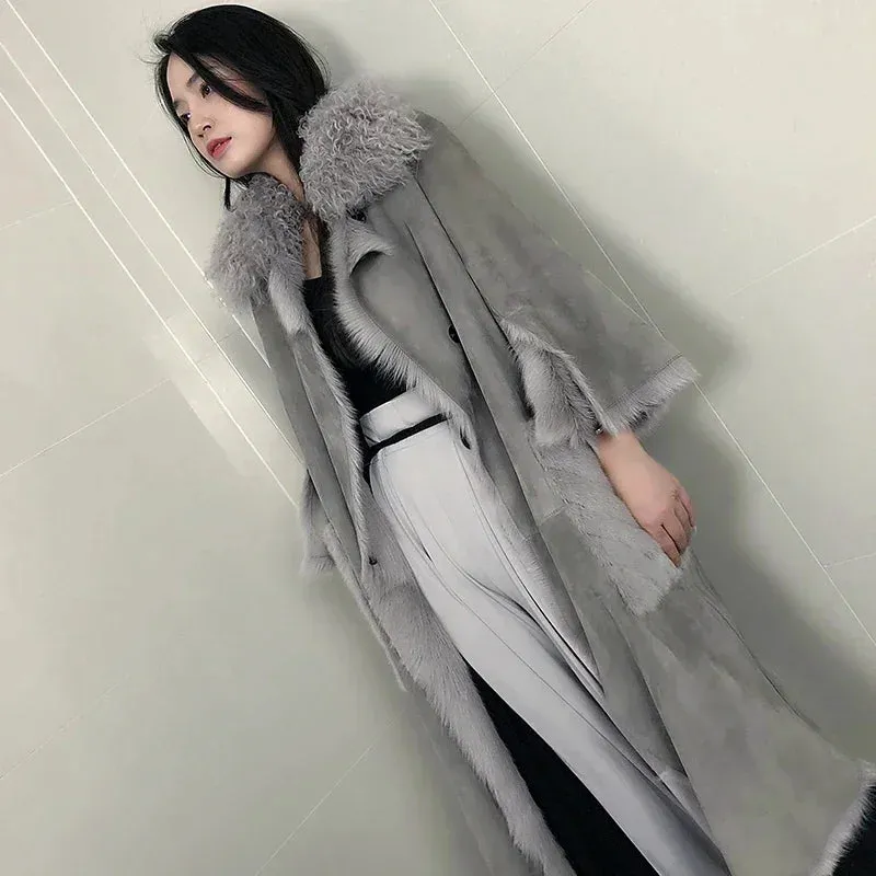 Real Sheepskin Coat Vintage Elegant Female Jacket Mink Fur Pocket Women's Clothing Winter Women's Coats Roupas Femeninas Zjt912