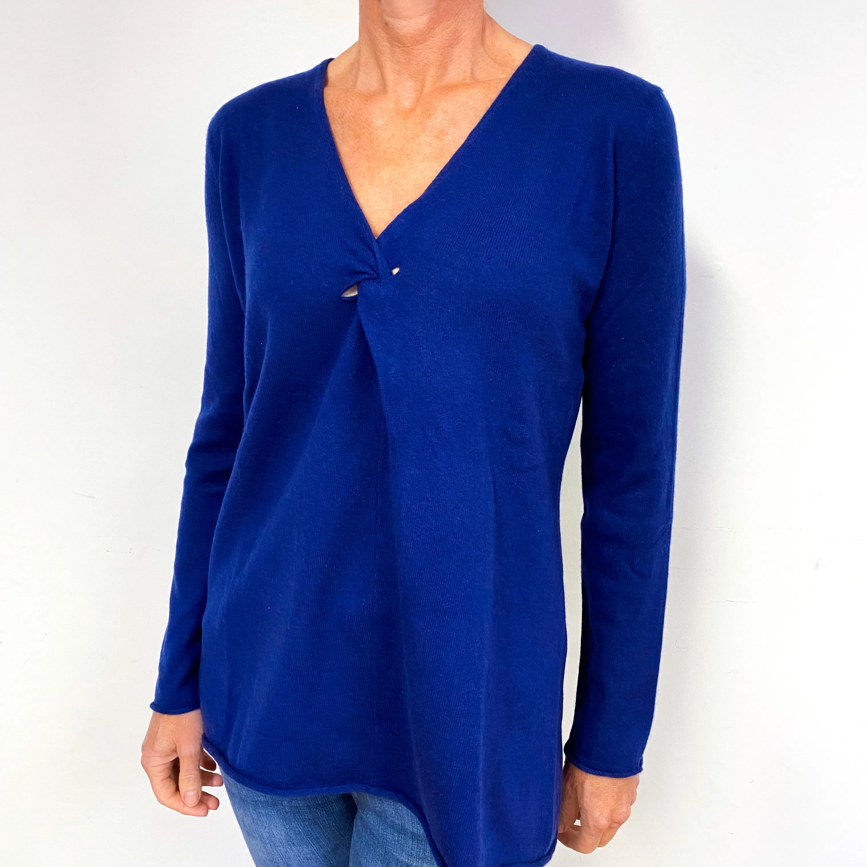 Royal Blue Cashmere Knotted Front V-Neck Tunic Jumper Medium