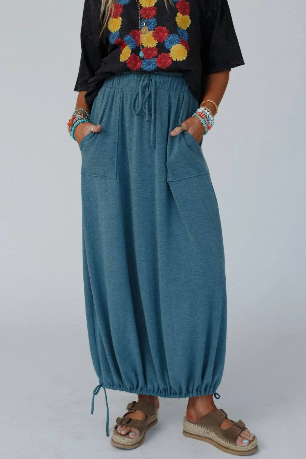 Rylie  Drawstring Maxi Skirt - Teal Boho Skirt